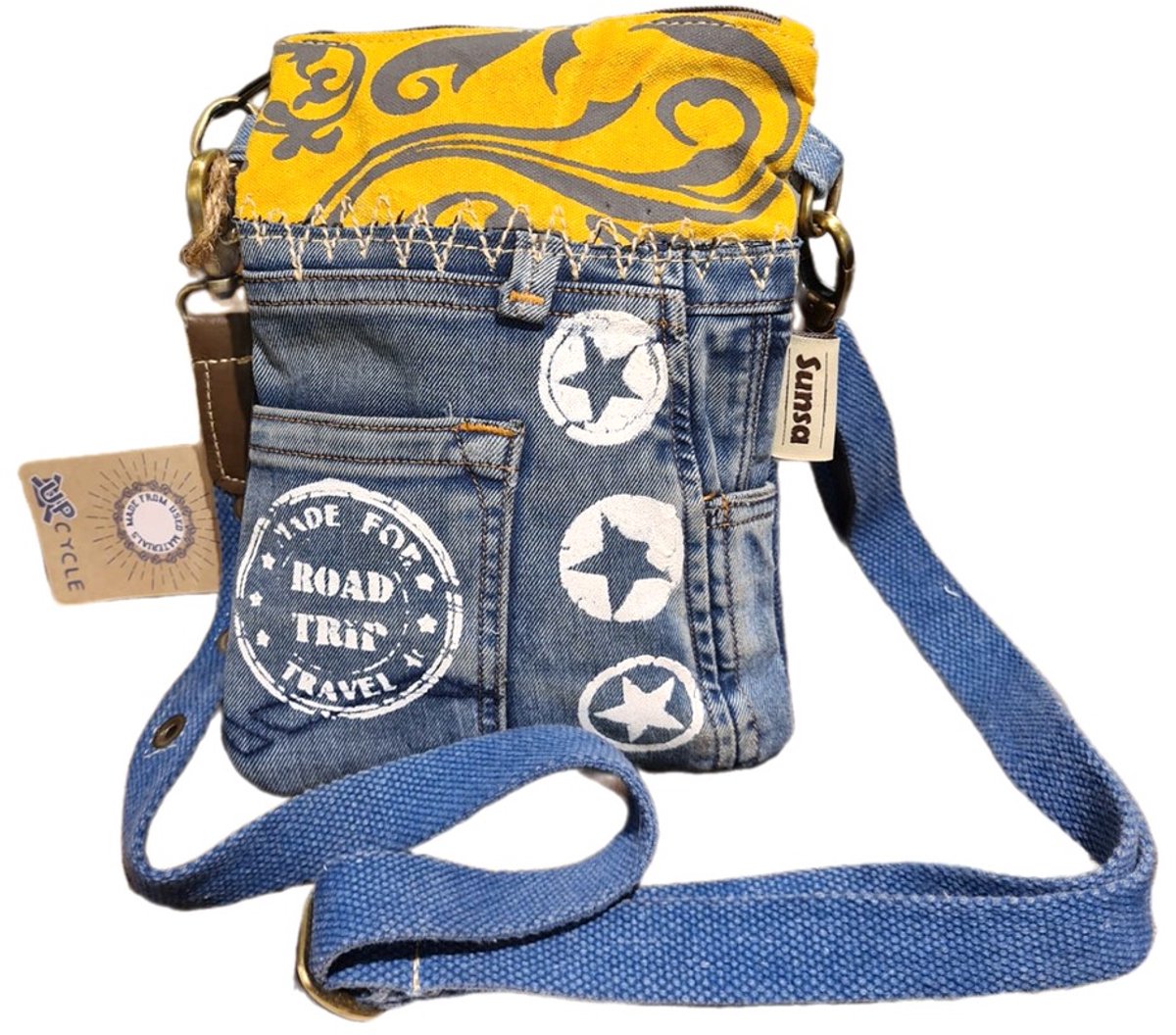 Sunsa-Tas-Denim-Canvas-Leer-Gerecyclede jeans-Dames-Heren-Retro-Vintage-Streetwear-18 x 23 x 2 cm-Yellow/Jeans