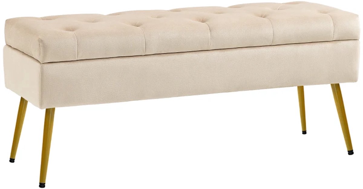 Bankje - Opbergbank Met Fluwelen Look - Gevoerde Voetenbank Met Getuft Metalen Frame - 102 x 35 x 43 cm - Beige