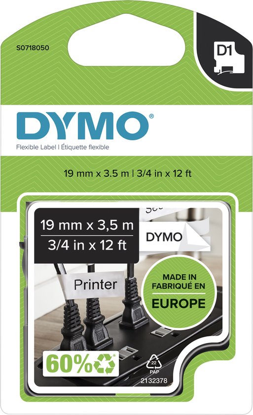 DYMO D1 flexibele tape, 19 mm x 3,5 m, witte label op zwarte stekkerdoos, verpakking met 60% gerecycled materiaal.