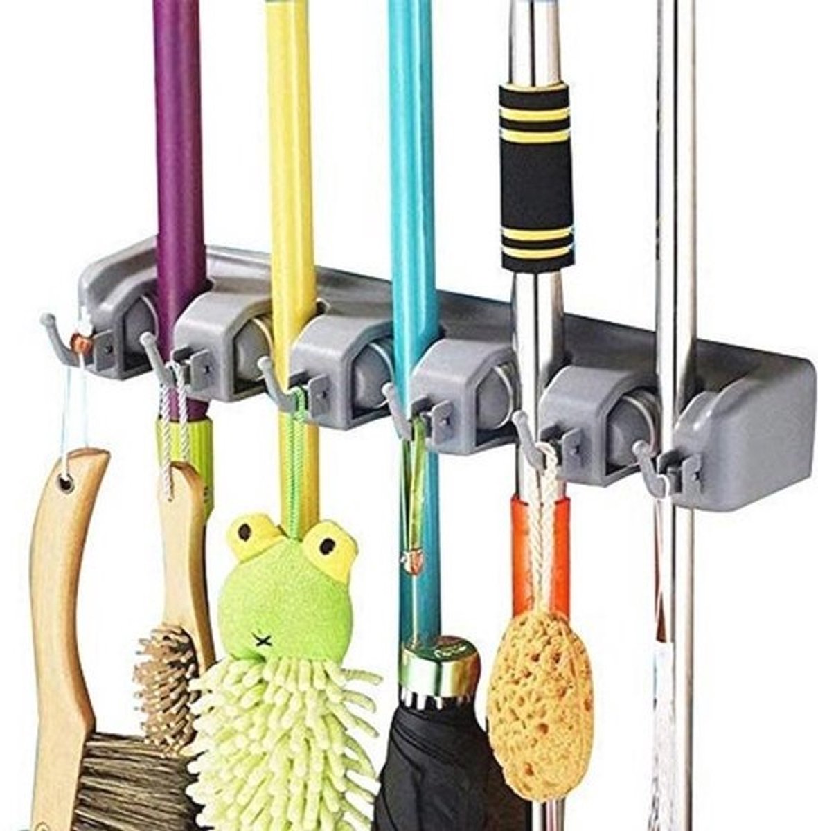 Multifunctionele Wandgemonteerde Mop en Bezemhouder – Gereedschapsorganizer met 5 Posities en 6 Haken voor Keuken, Tuin en Garage