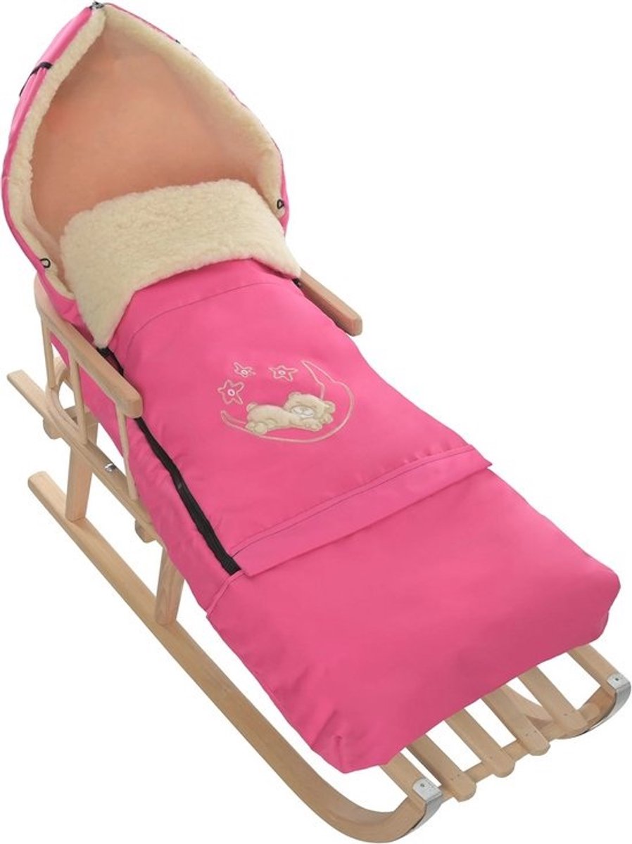Kinderslee van beukenhout met rugleuning en wintervoetenzak - Roze