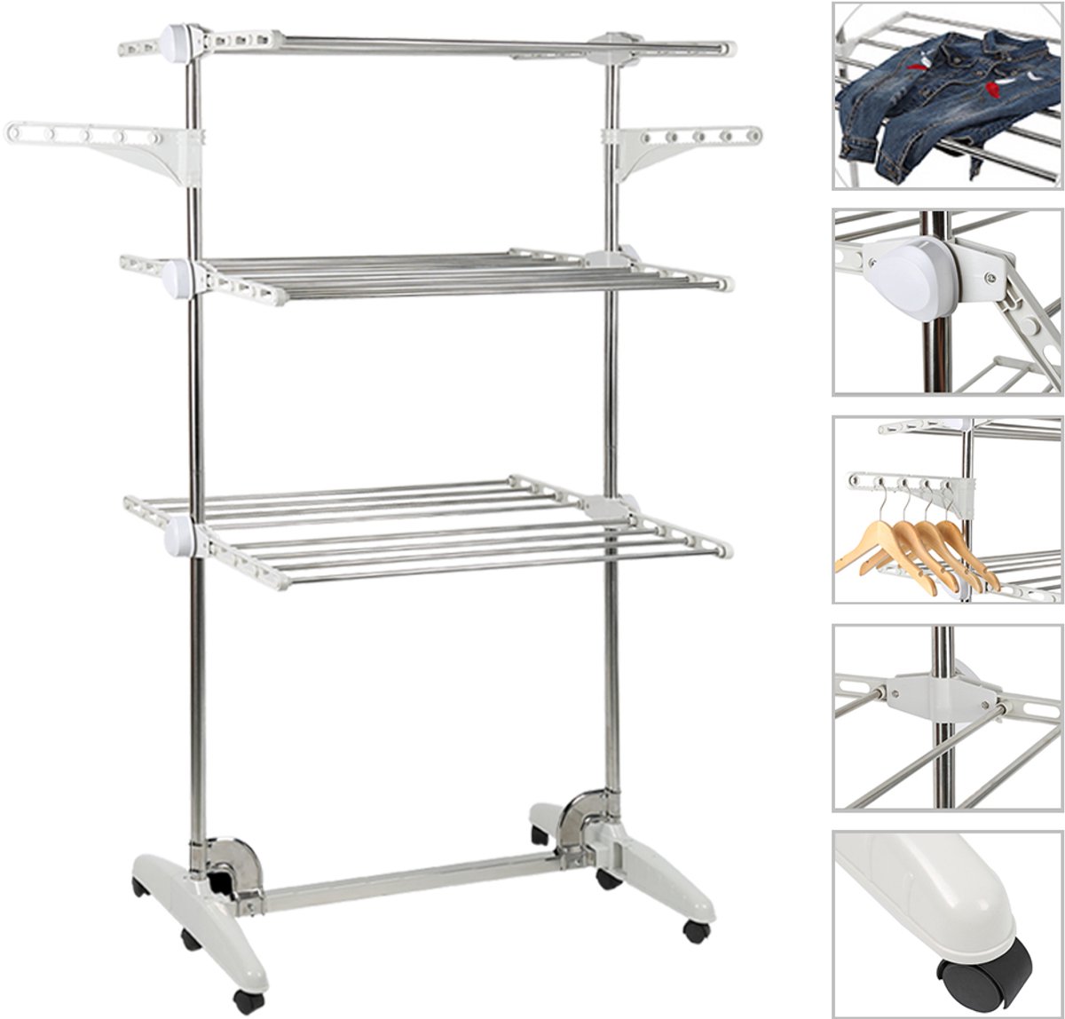 PIPIPOXER- Wasrek Inklapbaar-Droogrek-Staand Droogrek Inklapbaar-Wastoren-3 Verdiepingen-82x50x142 CM-Ecologisch Was Drogen - Droogrek op Wielen - zilver