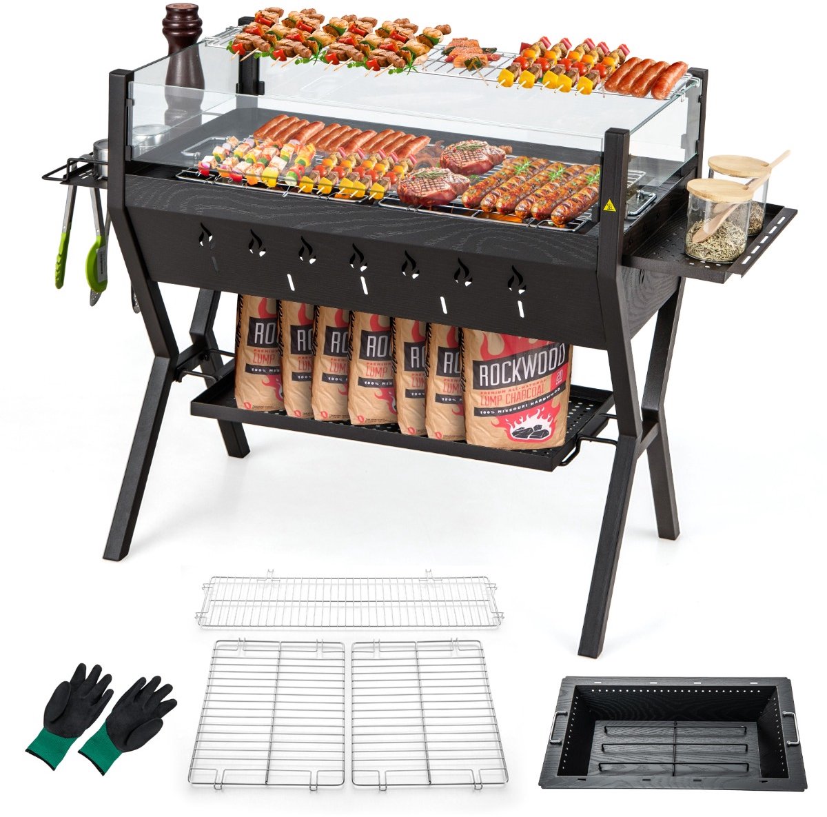 SureDeal® - Kamper - Houtskoolgrill - Windscherm Kruidenrekken - Plank Campinggrill Grilloppervlak - Kamperen - 98x42x68 cm - Bruin