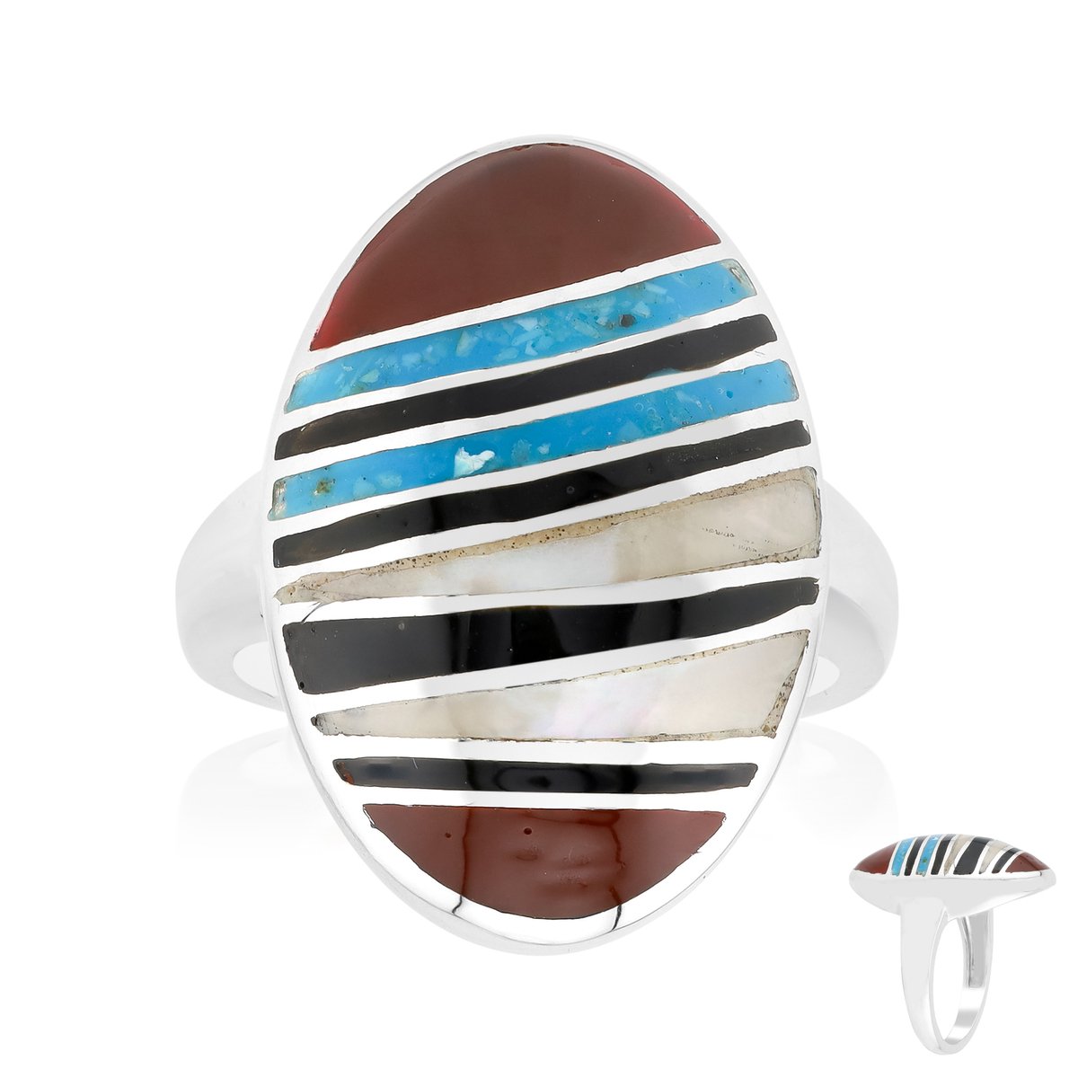 Cavill - Handgemaakte Zilveren Ring met Blauwe Kingman Mohave Turkoois & Australisch Parelmoer - 925 Sterling Zilver - Fancy slijpsel