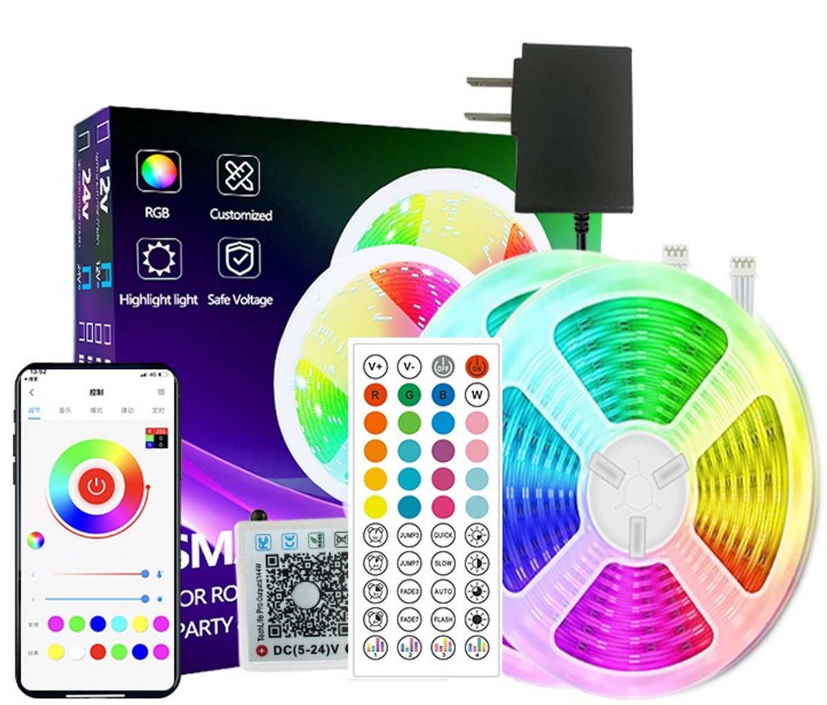 15m RGB LED Strip Licht Kit - EU Stekker, 44-Toetsen Afstandsbediening, Knipbaar, Ideaal voor Gaming Kamer & Slaapkamer Sfeer