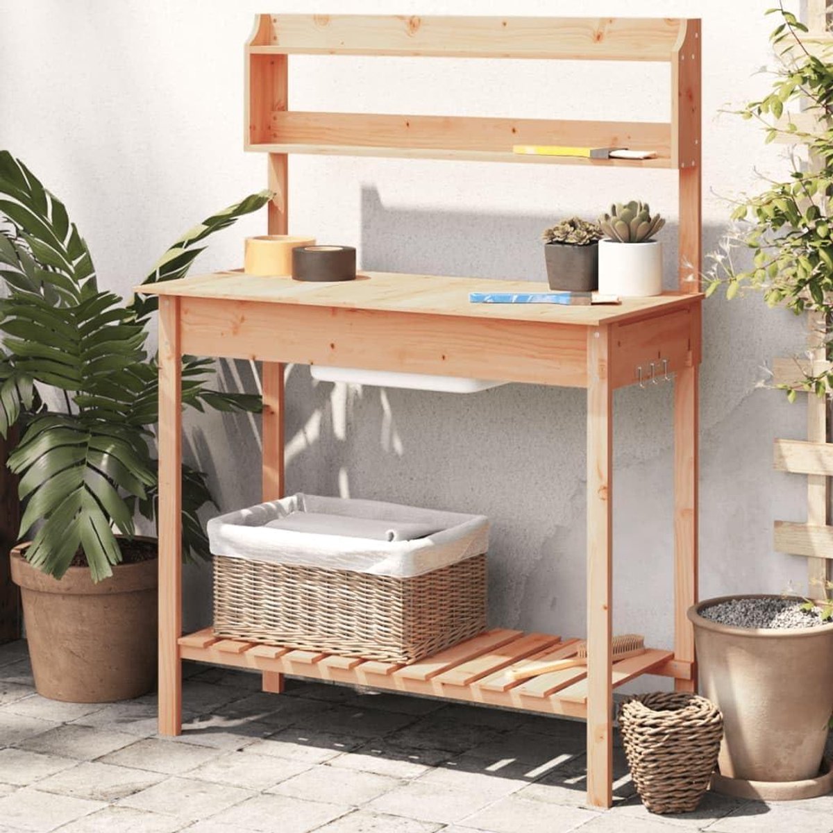 Houten Oppottafel - Kweektafel Standaard - Planten Verzorgen - Met Spoelbak - 110 cm - Bruin