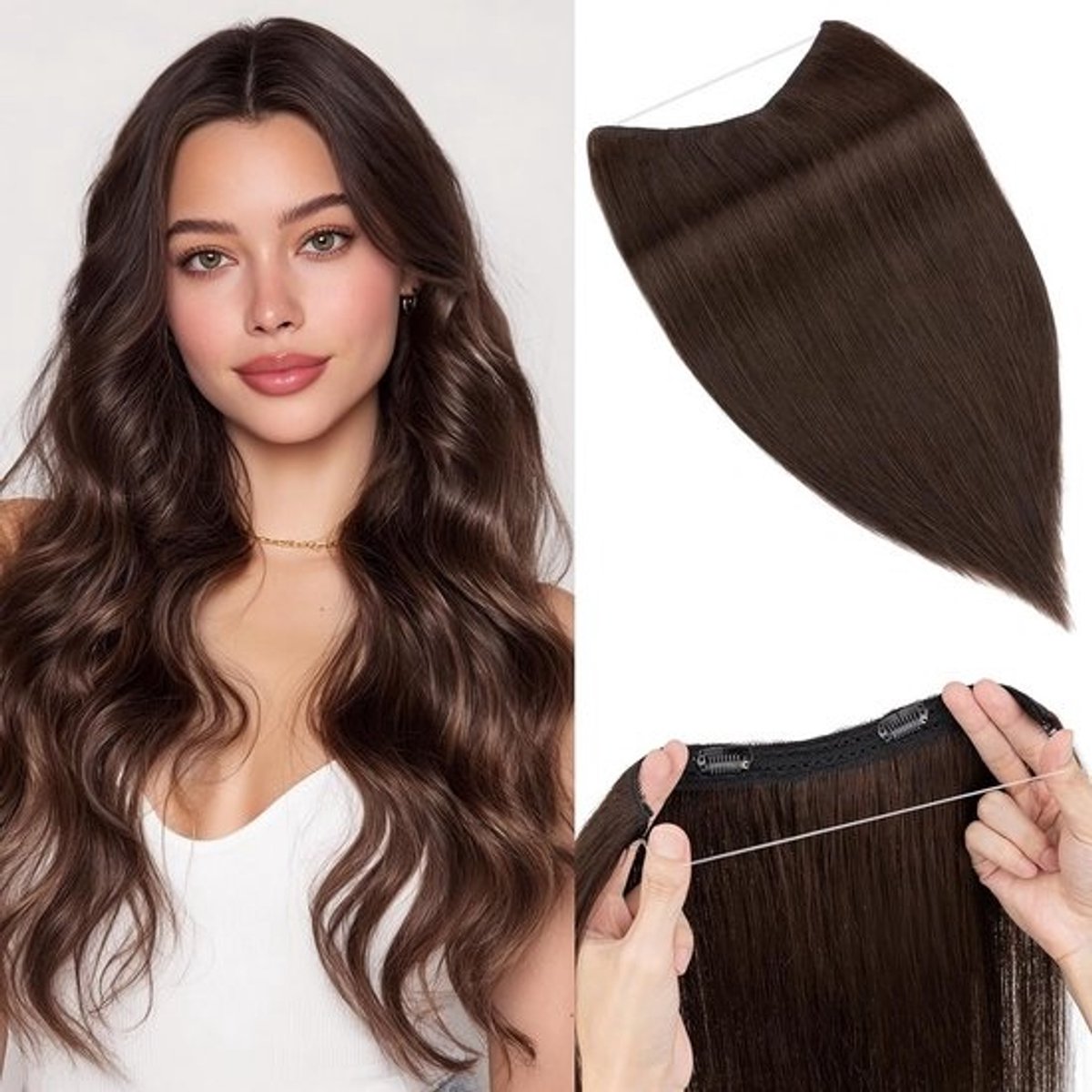Onzichtbare Draad Halo Haarverlenging Menselijk Haar 50CM Verstelbare Clip-in Haarextensies Donkerbruin