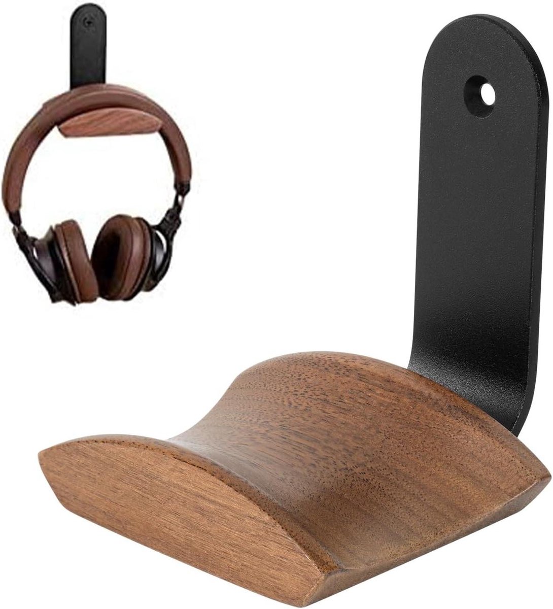 Koptelefoonhouder - Hoofdtelefoonstandaard - Bureau Organisatie - Walnoot Aluminium - 6cm Brede Steun - Natuurlijk Hout