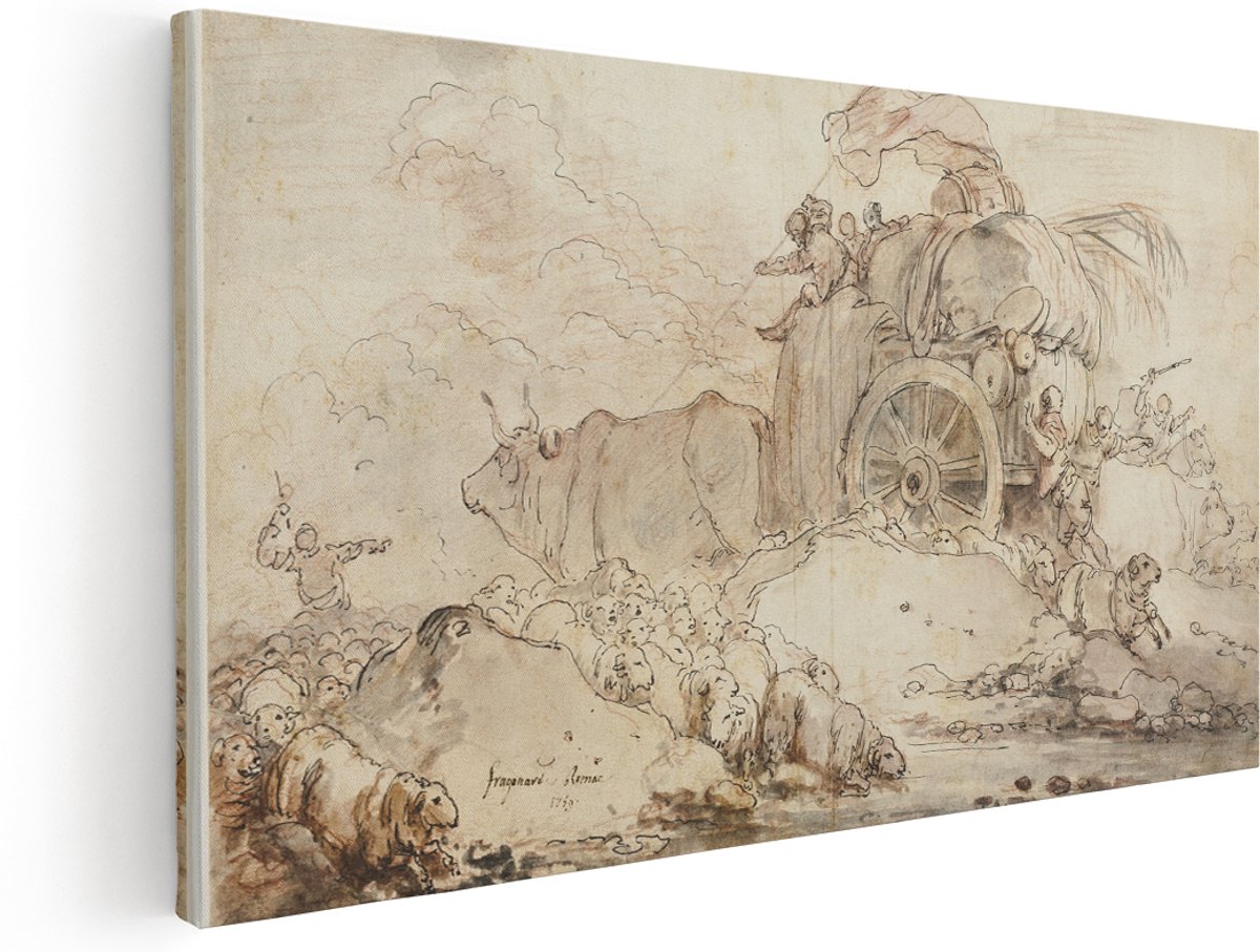 Artaza Canvas Schilderij Landschap Met Schapen - 160x80 cm - Groot - Wanddecoratie Pastorale Tekening - Muurdecoratie Fragonard - Schilderijen Op Canvas Natuur
