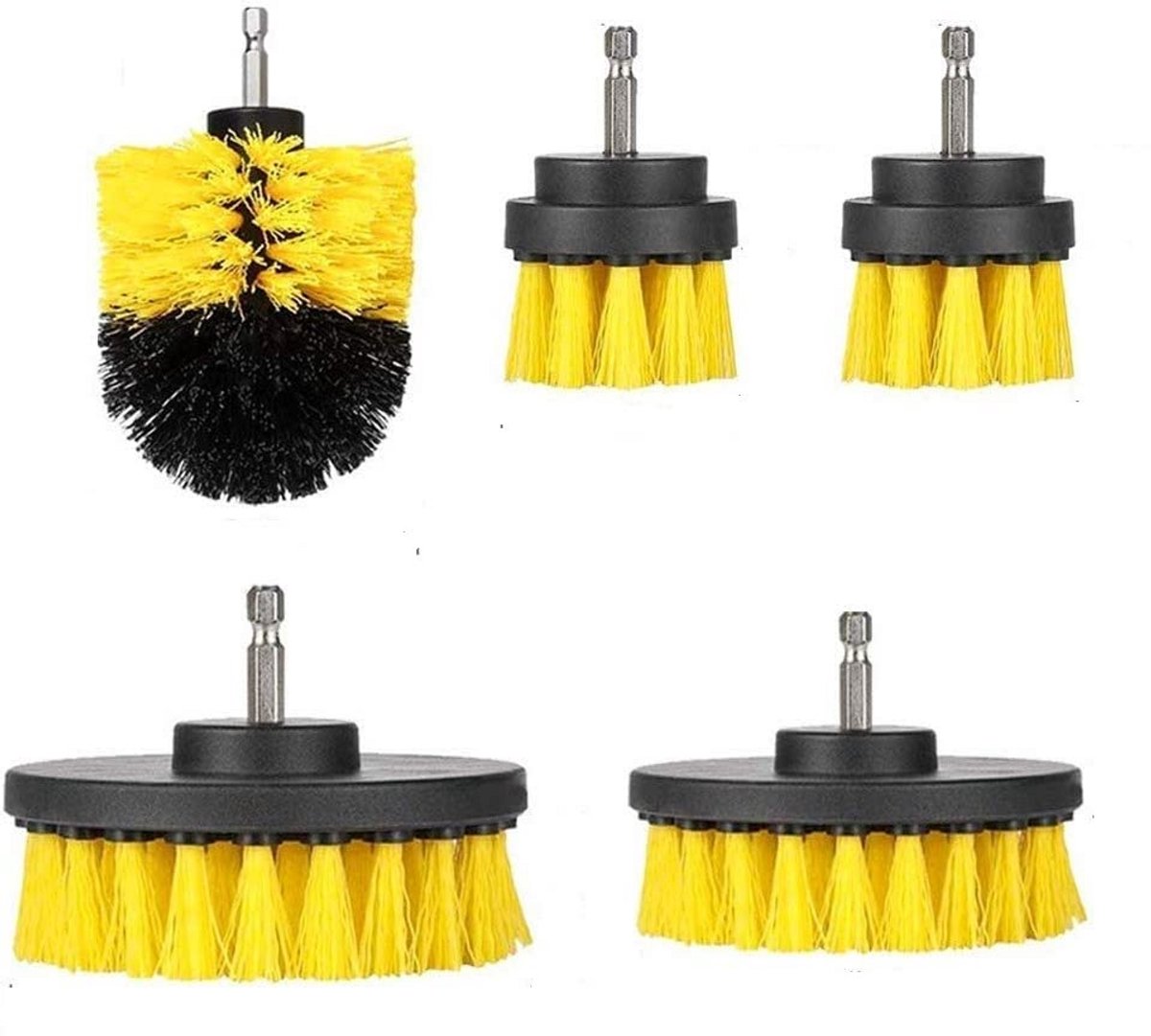 5-delige Boorborstel Set, Borstelopzetstukken voor Boormachine, Schoonmaakborstels voor Badkamer, Toilet, Tegels, Marmer en Auto, Geel