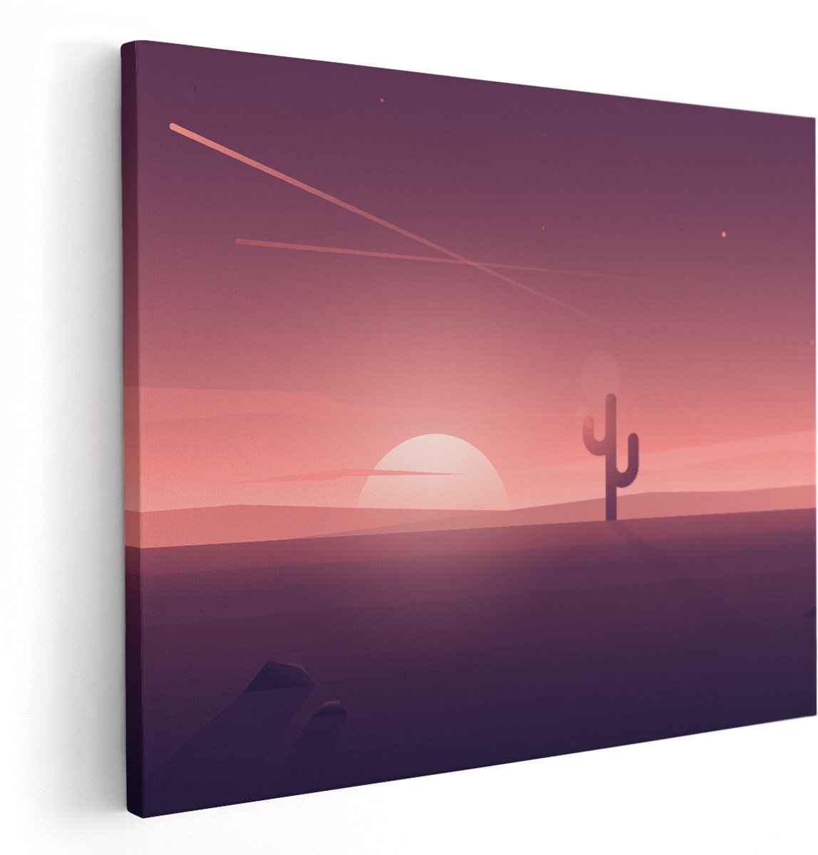 Artaza Canvas Schilderij Zonsondergang In De Woestijn Met Een Cactus - 150x120 cm - Groot - Wanddecoratie Woonkamer - Schilderijen - Muurdecoratie