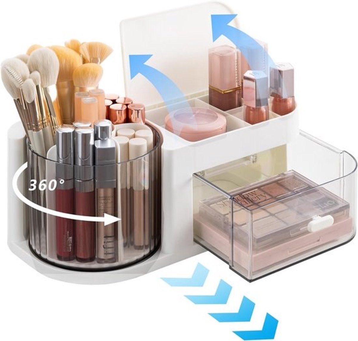 Draaibare make-uporganizer met deksel en lade – ruimtebesparend opbergsysteem voor cosmetica en benodigdheden – wit