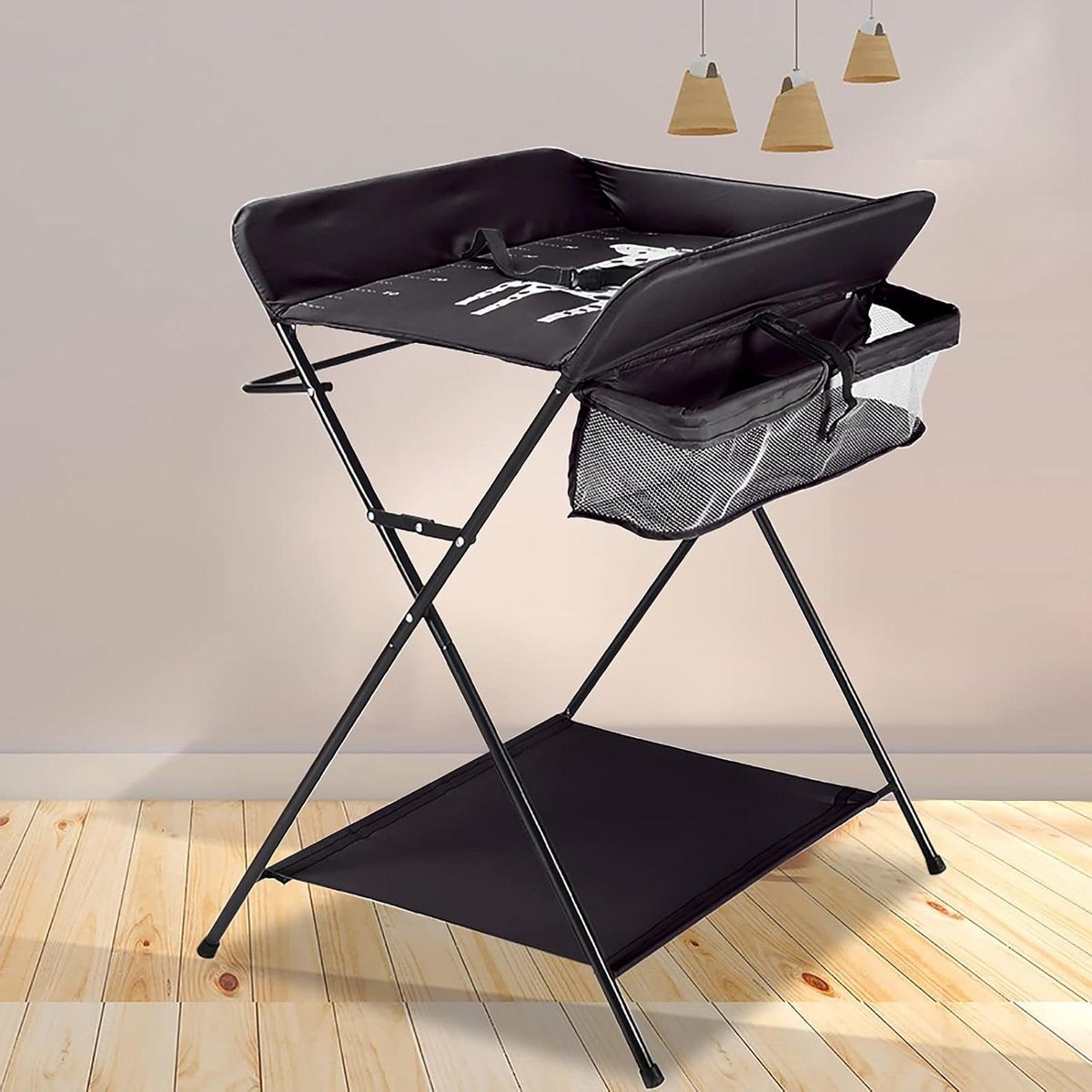 Inklapbare Luiertafel - Babycommode Verrijdbaar - Baby Verzorgen - Inclusief Veiligheidsgordel - 80 x 63 x 96 cm - Zwart
