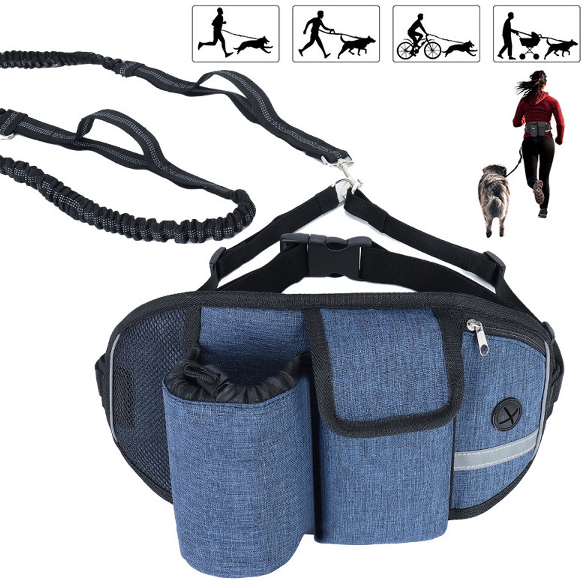 YAGXIG Hondenriem - Heupriem voor huisdieren - Handsfree hondenriem - 1,6-2,5 m - Maximaal 50 kg - Schokabsorberend - Reflecterende stiksels - Geschikt voor hardlopen, joggen en wandelen - Blauw