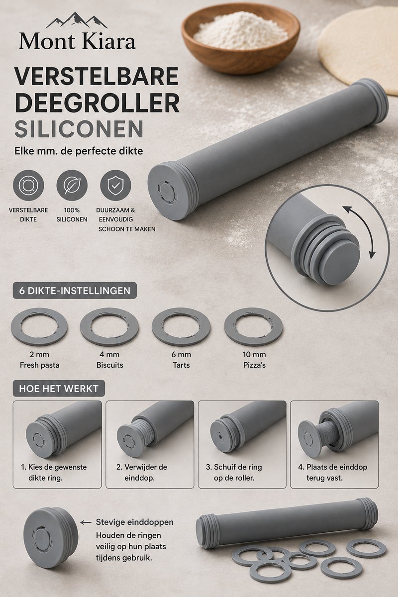 Mont Kiara Verstelbare Deegroller Siliconen – Deegroller met Dikteringen 2, 4, 6 & 10 mm – Voor Pasta, Koekjes, Taart & Pizza – Grijs