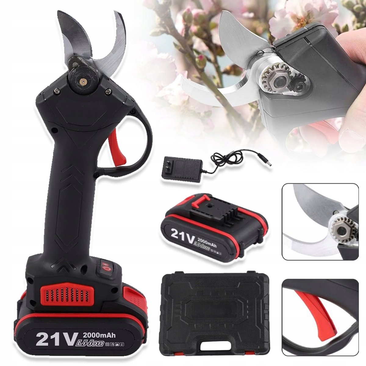 Draadloze Elektrische Snoeischaar - 21V 2000mAh Accu 3-4 Uur Continu Gebruik 2-3 Uur Snelladen Borstelloze Motor 30% Hogere Efficiëntie - Geschikt Voor Wijnranken, Kersenbomen En Struiken - Zwart