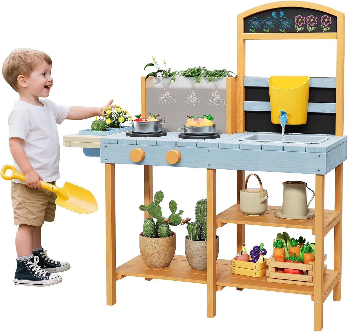 Houten Modderkeuken voor Buiten - 2-in-1 Speelkeuken met Watertank en Gootsteen - Inclusief Transparante Plantenbak en Krijtborden - Educatief Buitenspeelgoed - Blauw/Geel