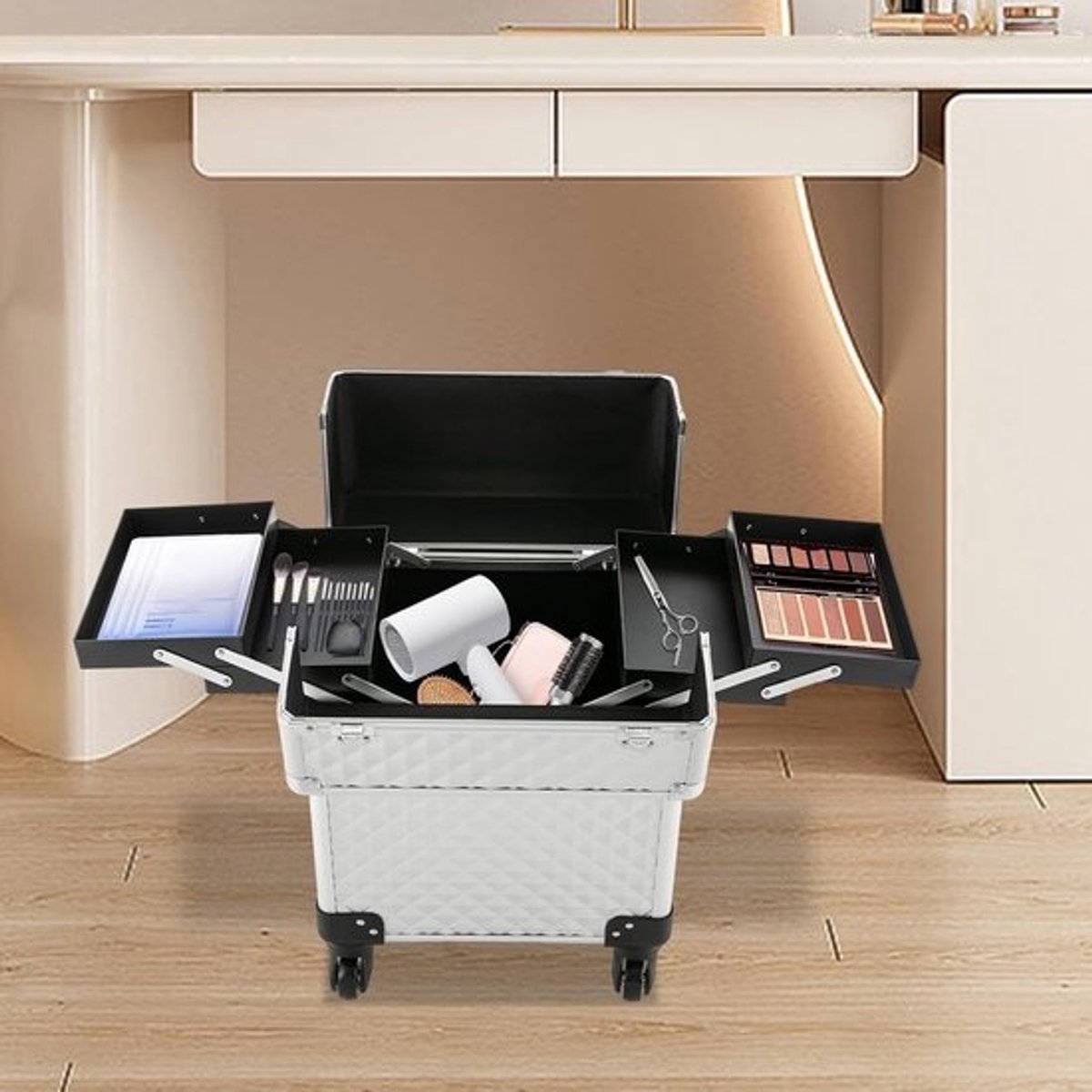 Verrijdbare Trolley voor Make-up Artiesten en Beauty Professionals met Uitschuifbare Stang