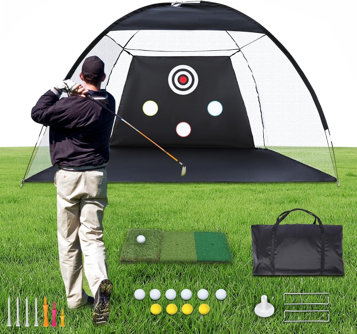 Golftrainingnet met slagmat voor binnen en buiten, inclusief draagtas, 10 ballen en 7 tees voor optimale training en verbetering van je swing, 3 x 2,1 m