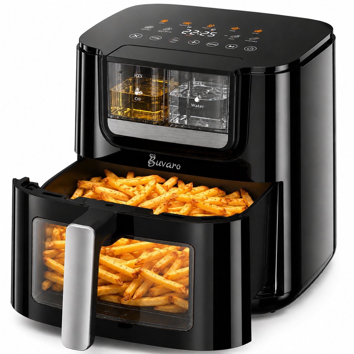 BUVARO Airfryer XL 7L – Automatische Olie- en Watersproeifunctie – 1800 W – 8 Programma’s – Kijkvenster – Zwart