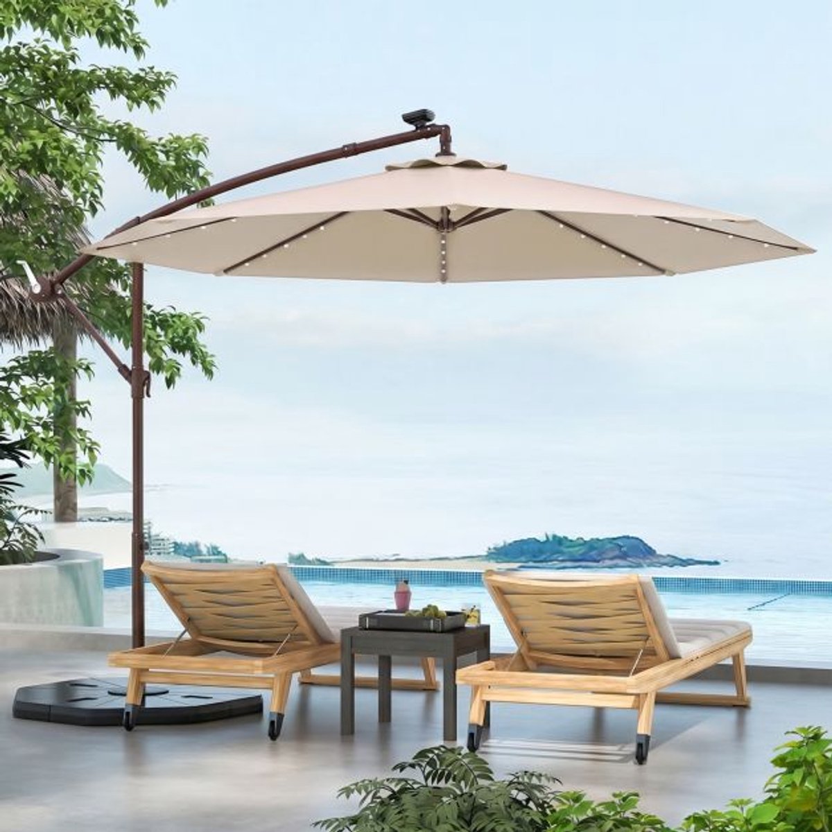 SureDeal® - Parasol - Grote Verplaatsbare - Lampen - Zonnepanelen Marktparasol Verlichte - Tuin Grijs - Donkerblauw - 99x99 cm - Beige