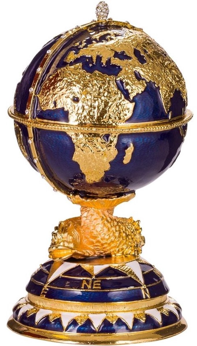 Faberge-stijl juwelendoos wereldbol met zeilschip 14,5 cm blauw
