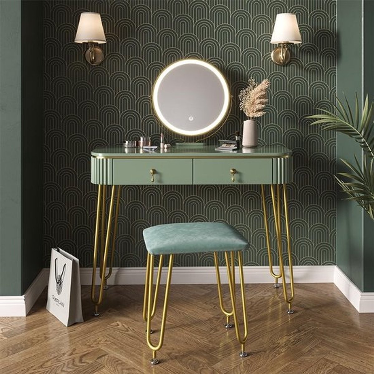 Kaptafel set met luxe kruk en LED-spiegel Hoogglans Groen