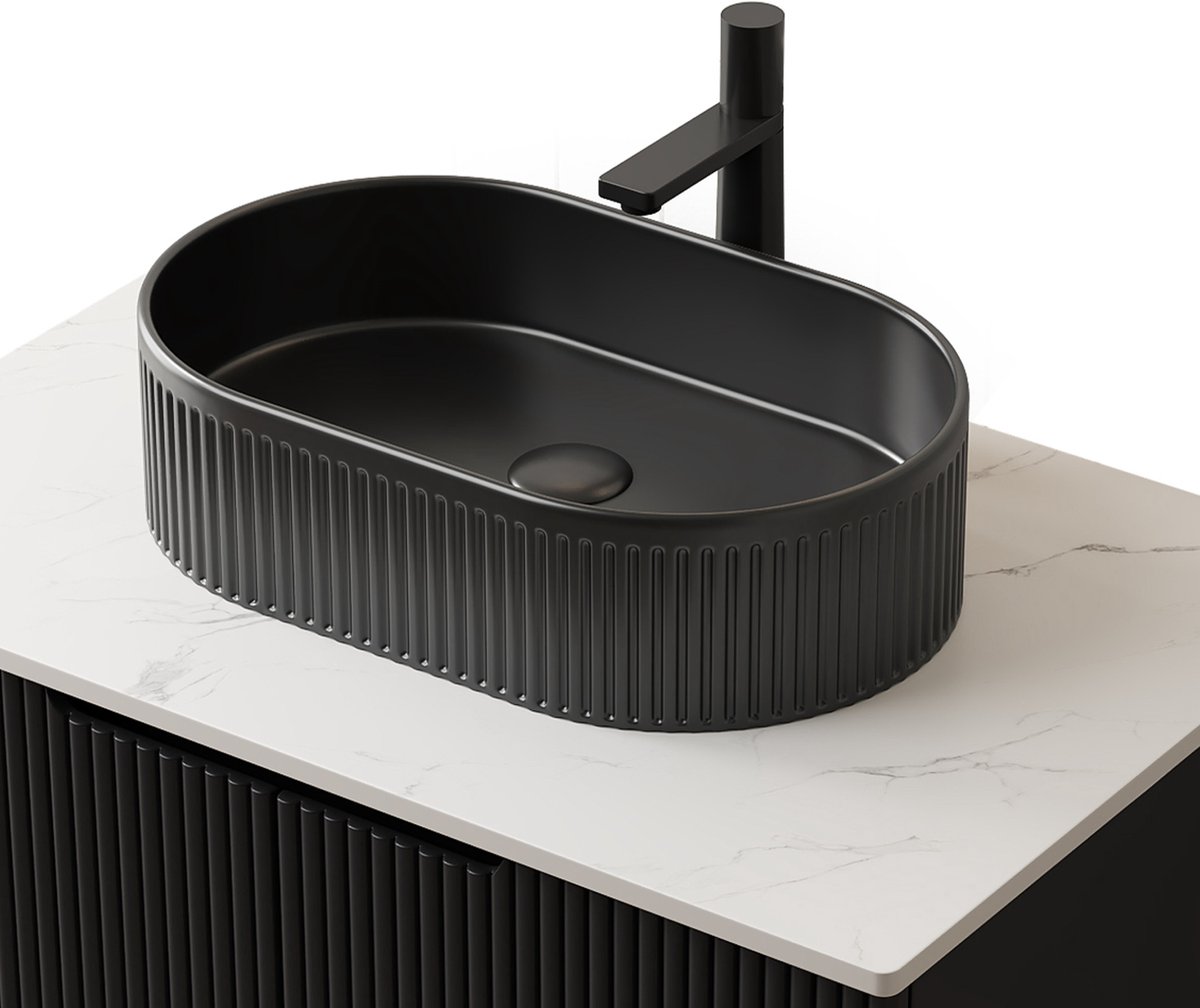 MIVRAY Wastafel – Mat Zwart Met Sierlijk Streepmotief – 50 cm – Keramiek – Voorgeboord Kraangat – Voor Moderne Badkamer