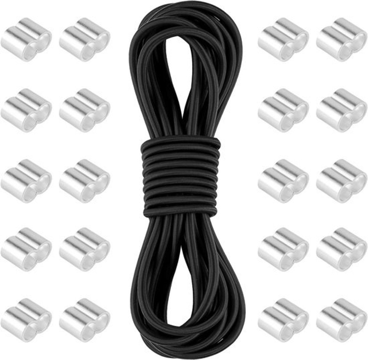 Elastisch rubberen touw 8 mm - 10 meter met 20 wurgklemmen voor dekzeilen en camping