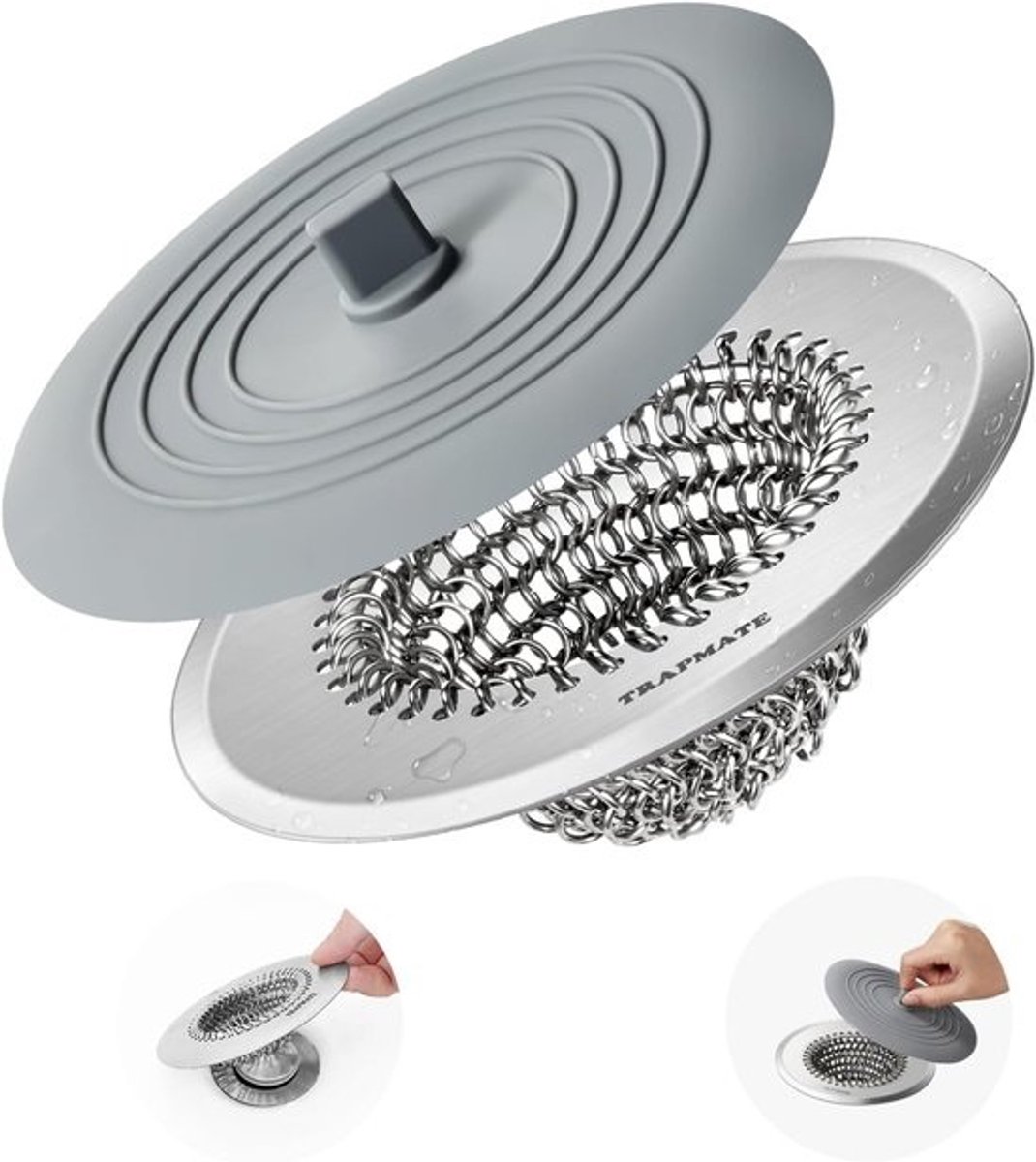 Badkuip Afvoer Beschermer - Haarvanger Stop - Douche Bad - Omkeerbaar Kettingnet - 44 Inch Deksel - Zilver Grijs