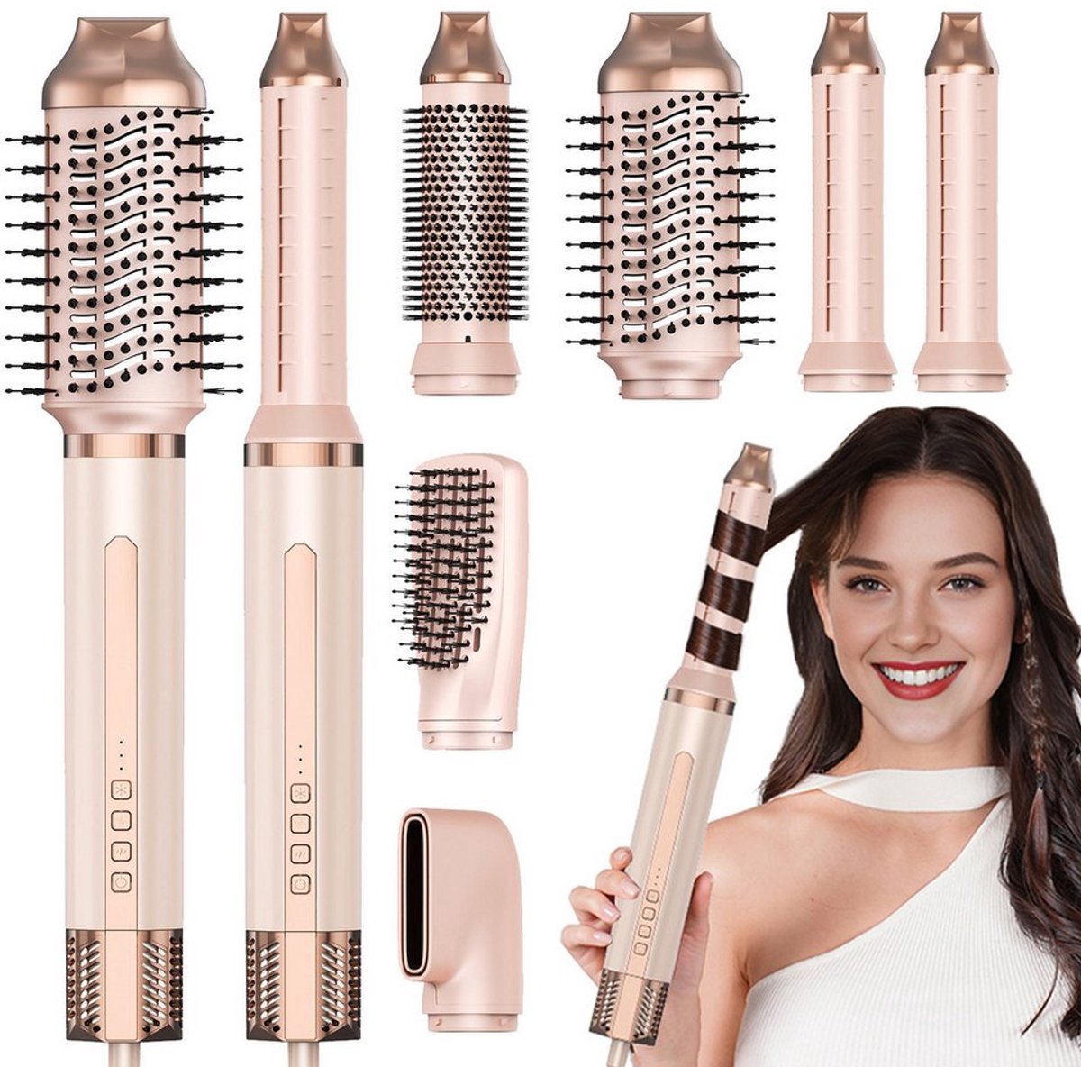 FOSMET Krultang - Haardroger - 6 in 1 Airstyler - Krultangen 32mm - Beach Waves - Automatische Krultang met drie temperatuurinstellingen - Warmteborstel - Krulborstel en Stijlborstel - Met Handschoen - Voor Kort en Lang Haar - Roze