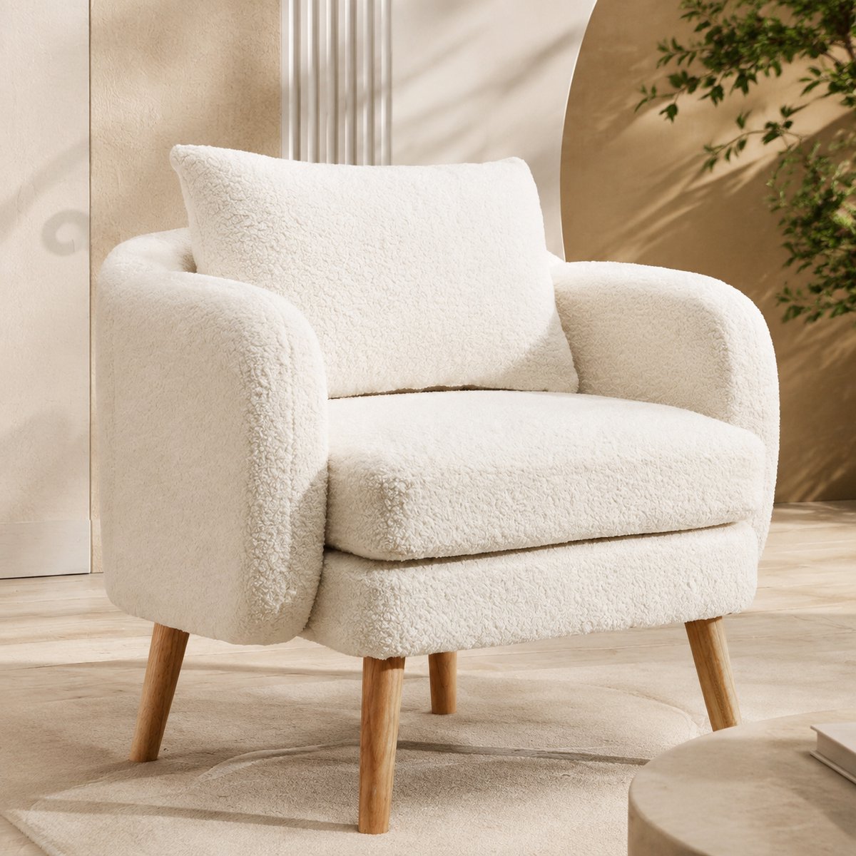 Welltin Fauteuil - Relaxstoel - loungestoel - Comfortabele Design met Houten Frame - Enkel Zetel - Teddy stof - 71x71x79 cm - Wit