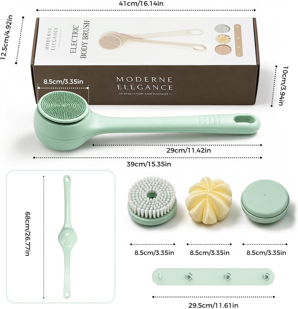 4-in-1 Doucheborstel met 4 Opzetborstels, Lichaamsborstel voor Peeling, Massage en Spa Gebruik, Geschikt voor Dames, Heren en Senioren, IPX7 Waterdicht