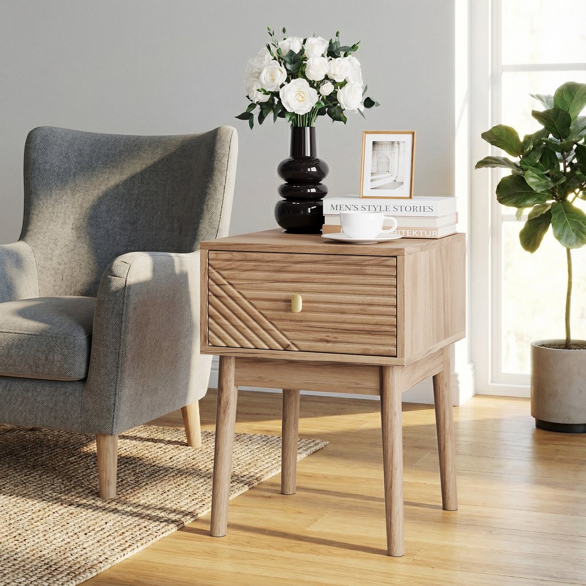 VVBV Nachtkastje 40x40x55 cm – Opbergruimte en Lades – Mid-Century – Modern Design – Massief Hout – Waterbestendig – Voor Slaapkamer – Eiken Oak