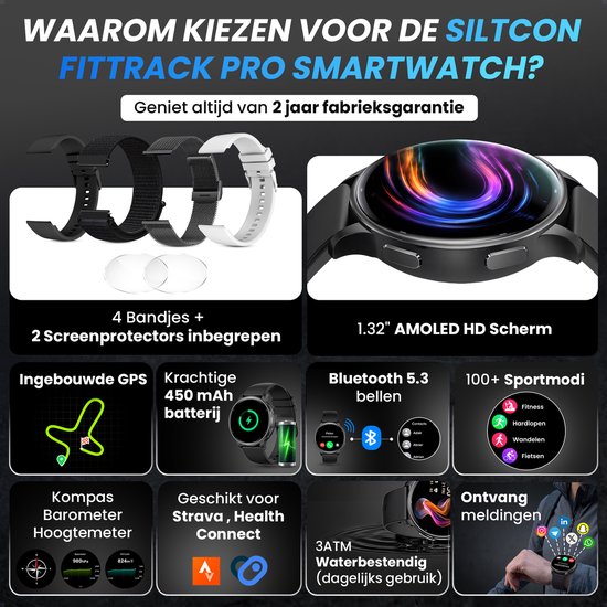 Siltcon FitTrack Pro smartwatch: 4 bandjes, 2 screenprotectors, GPS, 450mAh batterij, Bluetooth 5.3, 100+ sportmodi.