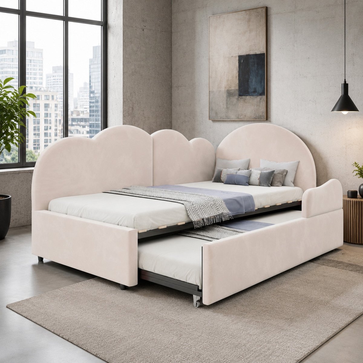 MODENUIT Slaapbank L-vorm 205,5 x 188,5 cm - Uitrekbaar Onderbed - Kinderkamer En Logeerkamer - Stof Beige