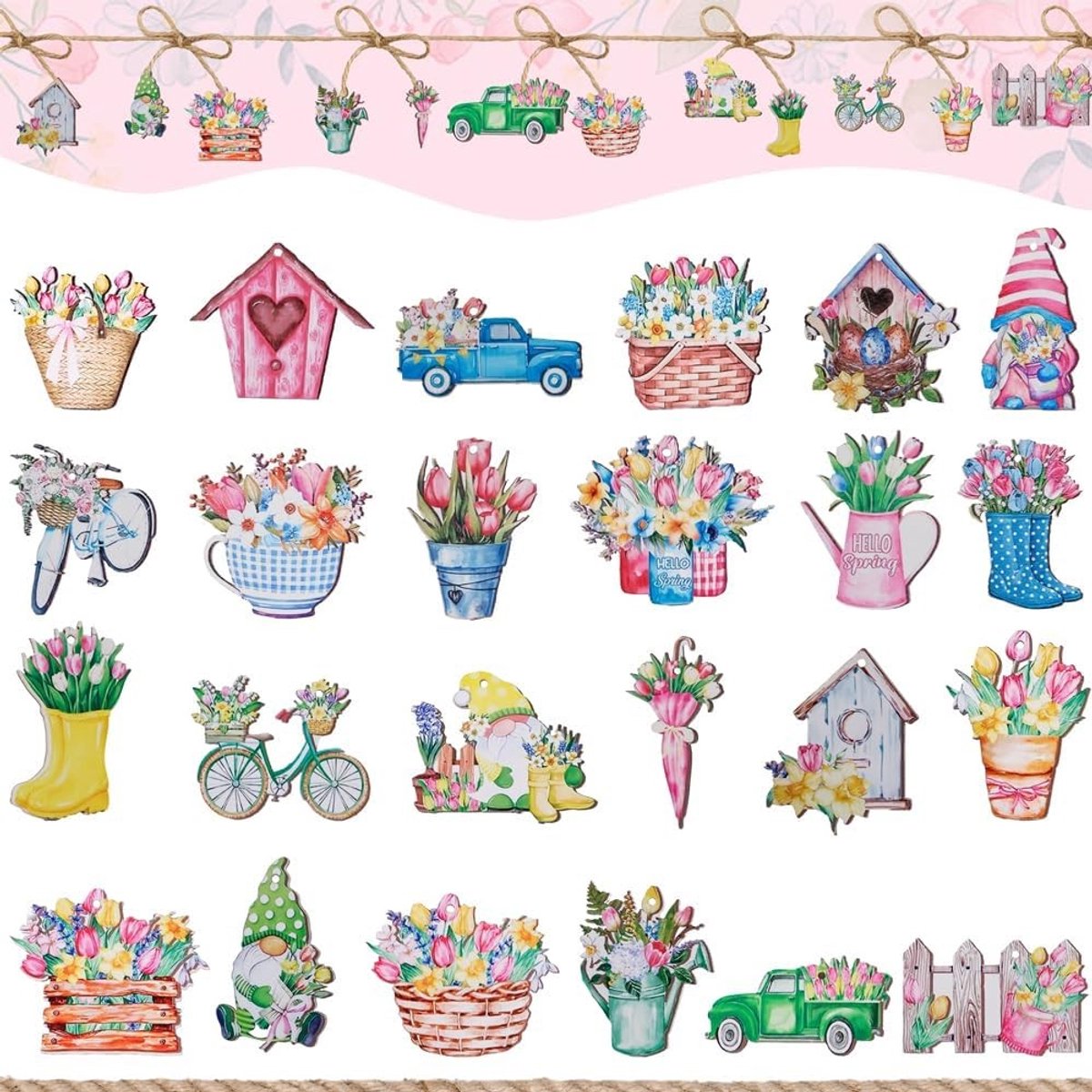 Decoratieve Houten Lente Boom met 24 Stukken voor Hangende Ornamenten en Gnome Pendants voor Takken, Deuren en Ramen Versiering