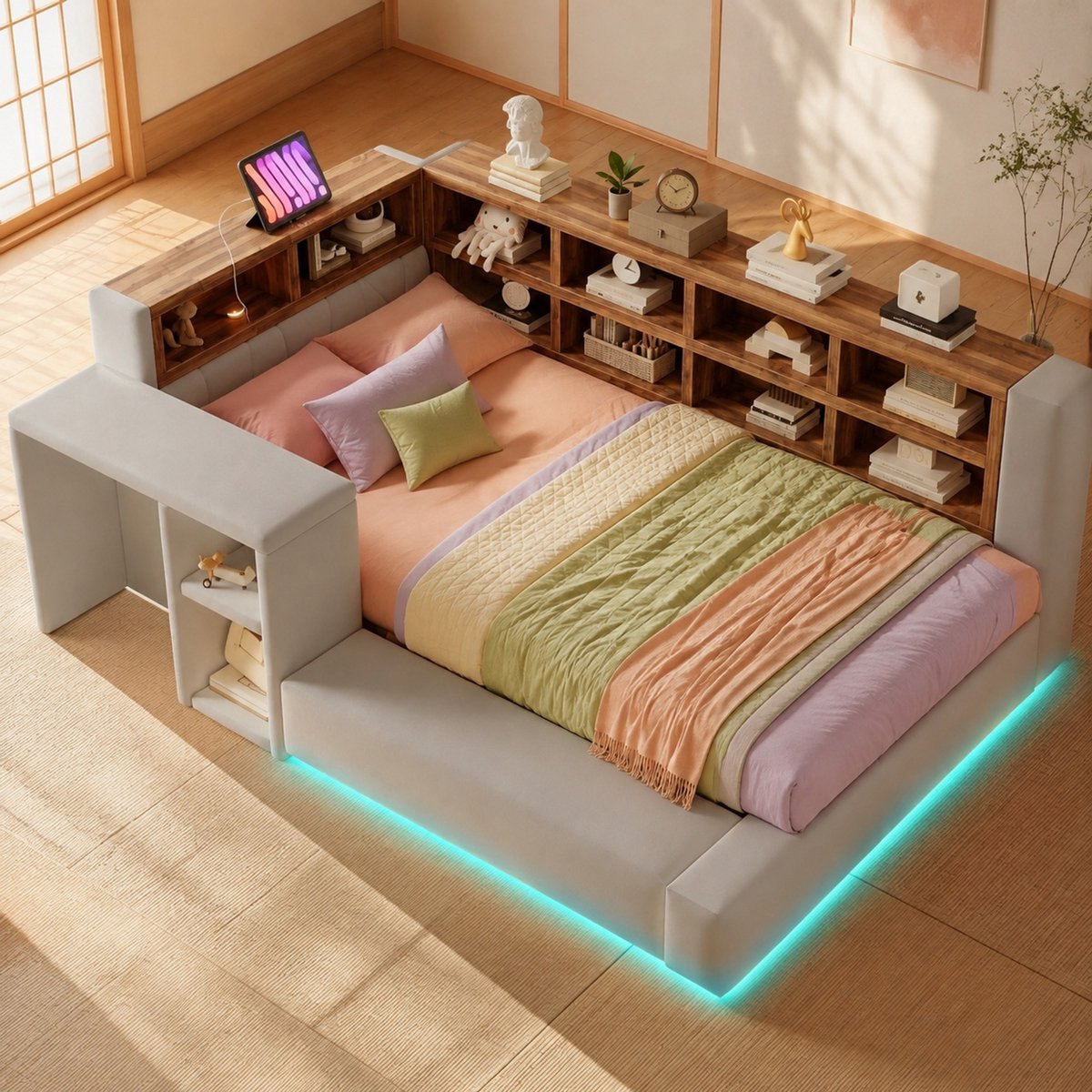 MODENUIT Polsterbed 90 x 200 cm - Met Opbergruimte, LED-verlichting en Beistelltisch - Voor Slaapkamer - Stof - Lichtgrijs