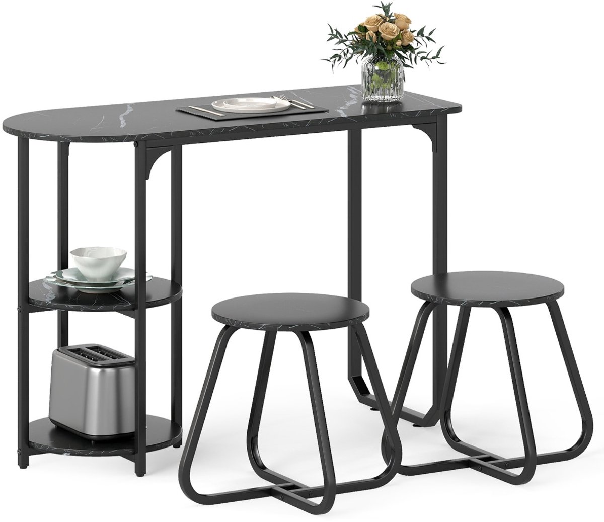 SureDeal® - Eettafel - Delige Industriële Eettafelset - Krukken - Opbergruimte - 110x45x78 cm - Donkerbruin