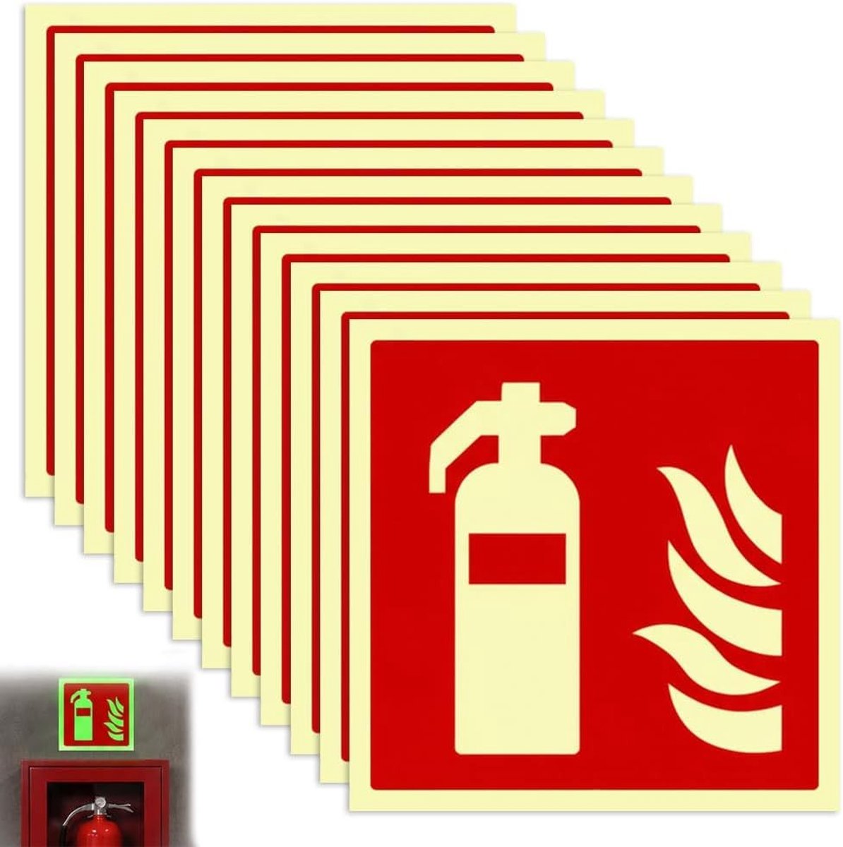 Zelfklevende fluorescerende brandblusser-stickers, 12 stuks, waterdicht, 15 x 15 cm, ideaal voor thuis, kantoor en bouwplaats, verhoog de brandveiligheid