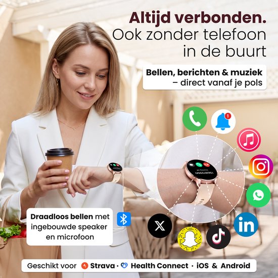 Vrouw met smartwatch die gebaren maakt om te bellen, met icoontjes van apps op de smartwatch.
