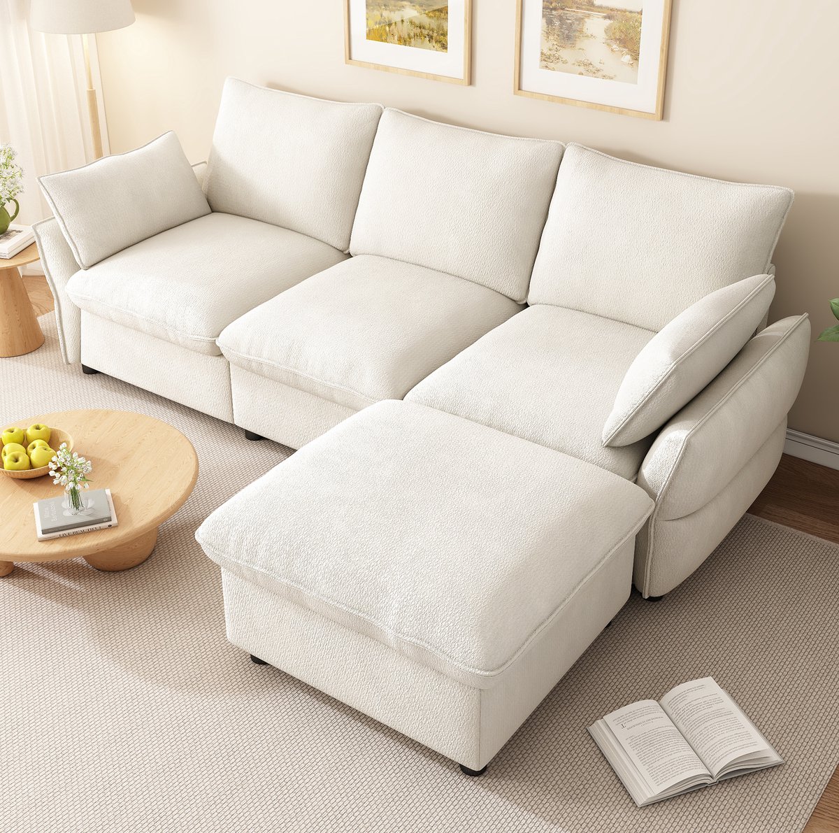 MODENUIT Hoekbank 3-Zits - Met Ottomane En 2 Kussens - Voor Woonkamer En Appartement - Chenille - Beige