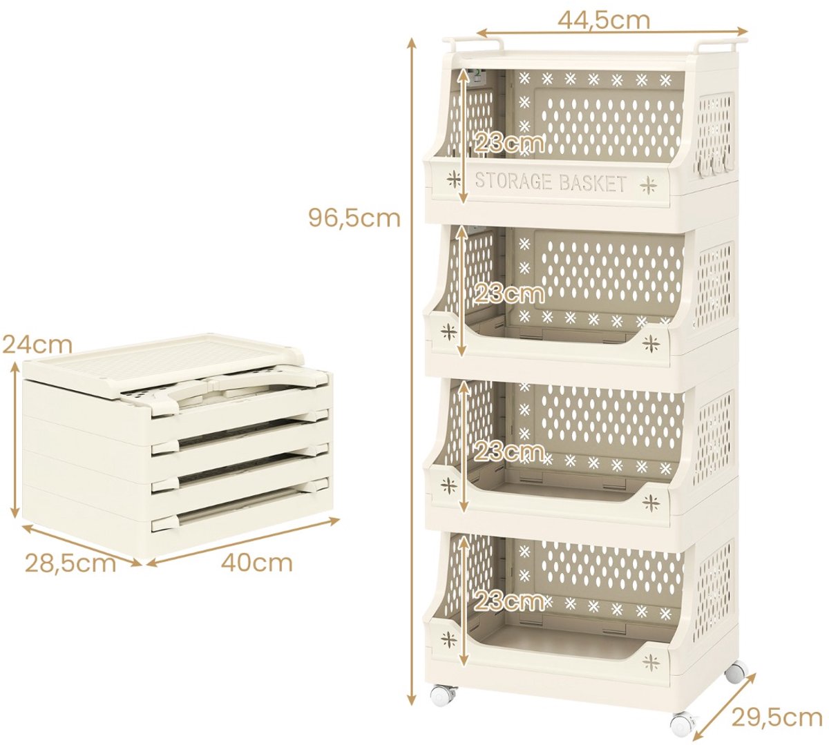 SureDeal® - Boekenkast - Opbergrek - Wieltjes Stapelbare Kunststof - Handgrepen - Haken - 44,5x29,5x52,5 cm - Beige