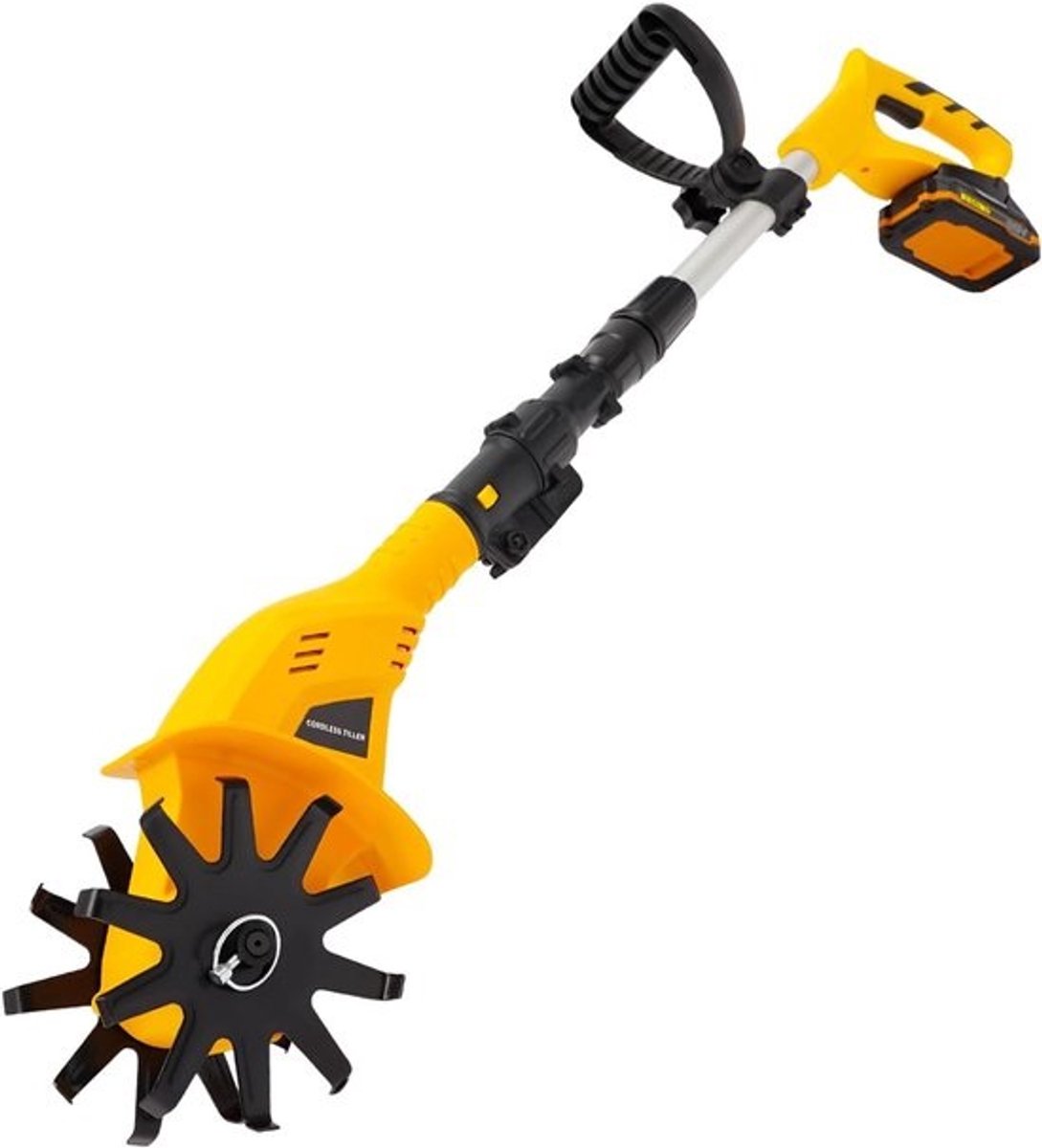 Accu Tuinfrees - Draadloze Grondbewerker - Tuinonderhoud - Modderbescherming - Verstelbaar 117 cm - Geel Zwart