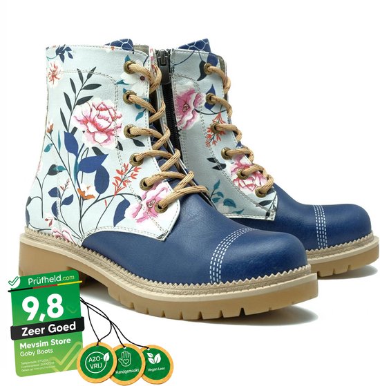 Bottines Goby bleues à imprimé floral, lacets et fermeture éclair. Fabrication artisanale et cuir vegan.
