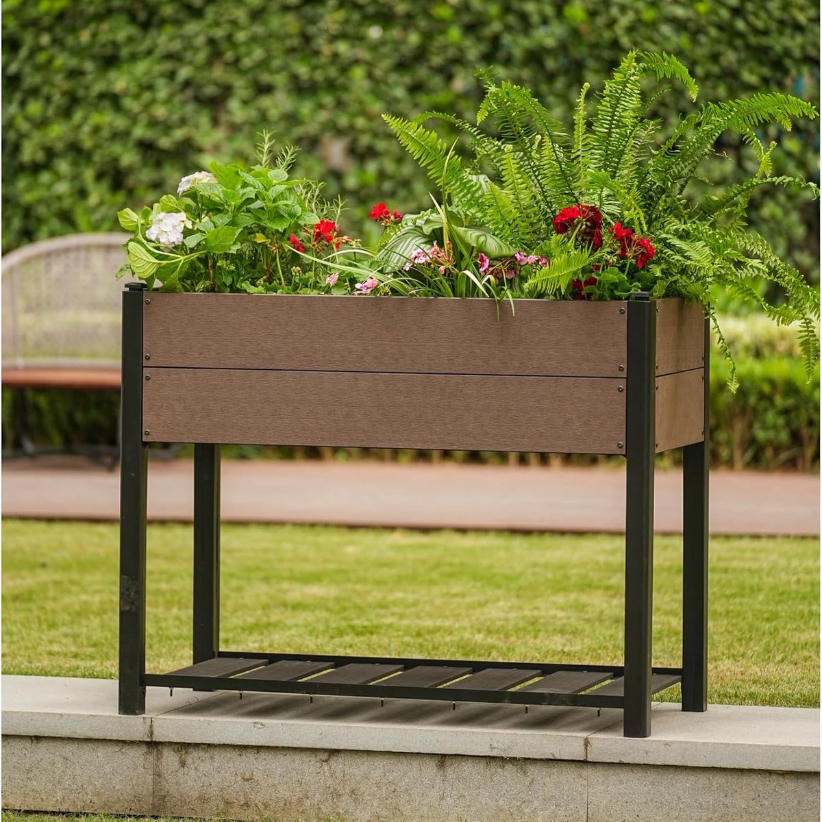 Kweekbak op Poten - Moestuinbak HDPE Houtlook - Robuust Aluminium Frame - Met Opbergplank - Weerbestendig & Onderhoudsvrij - Zwart/Hout