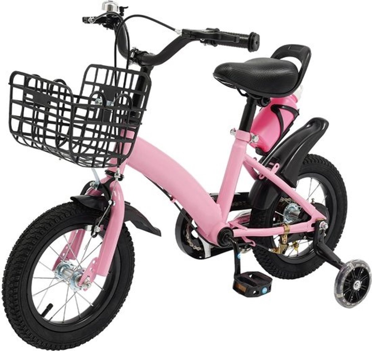 Kinderfiets - Loopfiets Meisjes Jongens - Eerste Fietstraining - Inclusief Mandje Steunwielen - 12 Inch Wielmaat - Roze