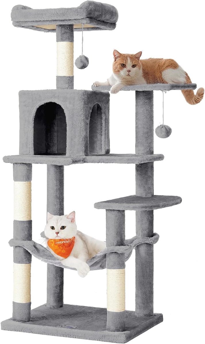 Krabpaal met hangmat - Kattenboom speelmeubel - Spelen en rusten - Extra stabiliteit - 143 cm hoog - Lichtgrijs