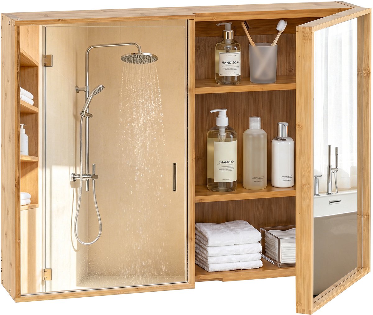 SureDeal® - Hangkast - Spiegelkast Bamboe Badkamerkast - Spiegel Wandkast - Deuren - Verstelbare Legplanken - 65x14x50,5 cm - Naturel