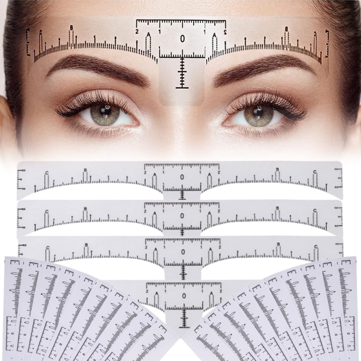 Set van 100 Wegwerp Wenkbrauw Sjablonen en Meetlat Stickers voor Precisie Make-up 180 x 22 mm